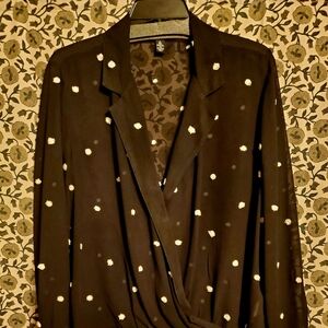 INC International Sheer Black Long Sleeve Wrap  Blouse with White Polka Dots